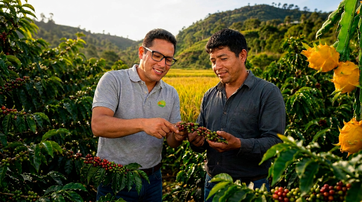 Dos agricultores revisando café, rodeados de cultivos de arroz y pitahaya
